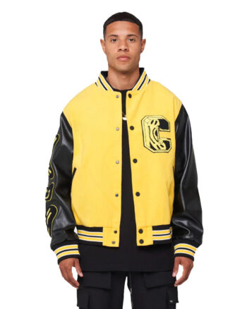 Men's Leather Sleeve Letterman Varsity Jacket – Black & Yellow