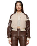Women's Premium Leather Varsity Jacket – Beige & Brown